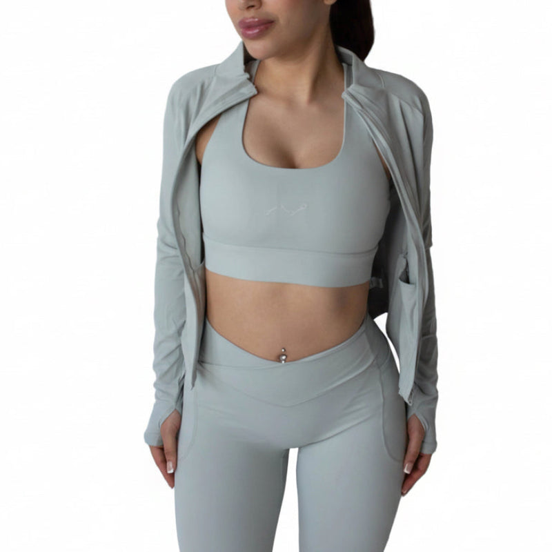 SP3CTRUM SculptFlex Yoga Set in Cloud — high-waist compression legging and matching sports bra in warm neutral colorway, 75 percent nylon 25 percent spandex, women's activewear set